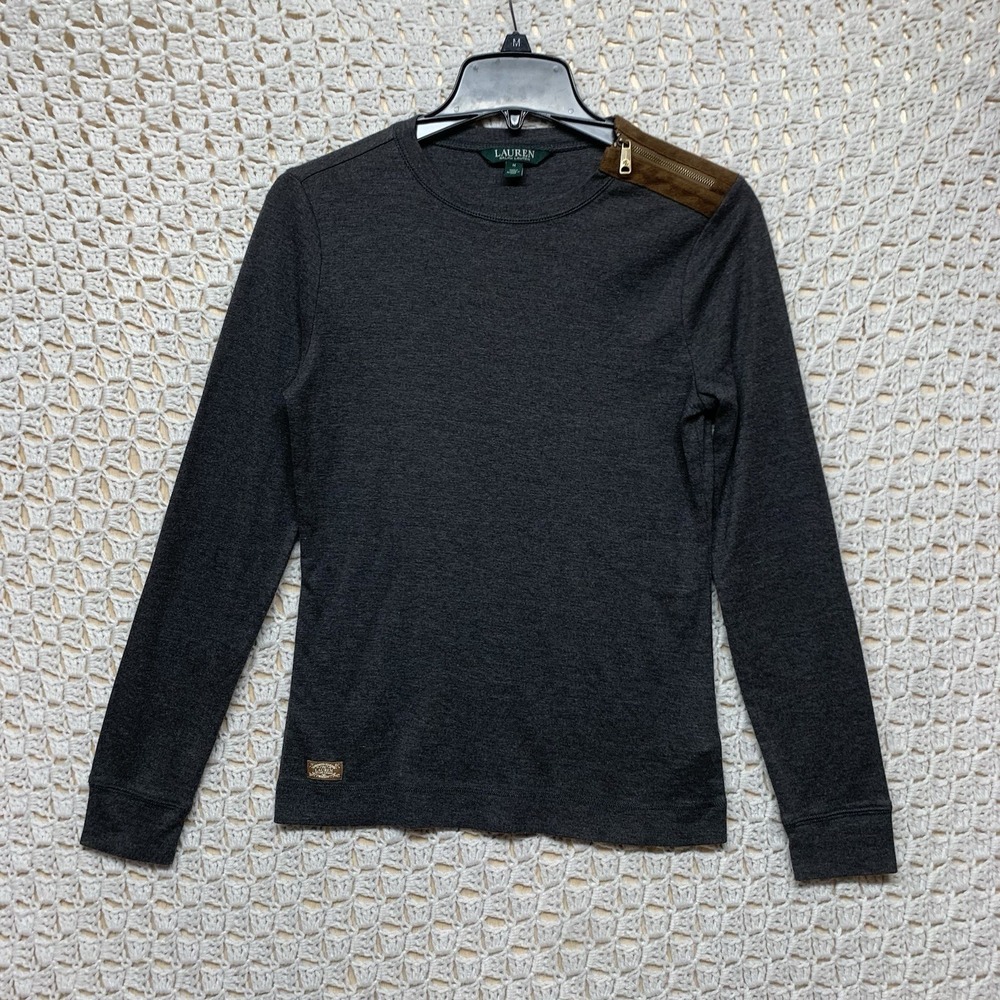 Lauren Ralph Lauren Top Women's M Gray Long Sleeve Suede Elbow Patches heritage‎